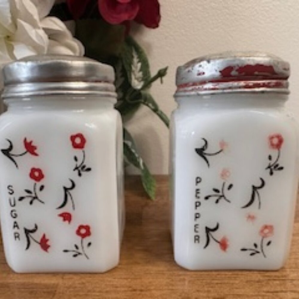 Vintage Anchor Hocking Milk‎ Glass Sugar and Pepper Shakers – Red Floral Design